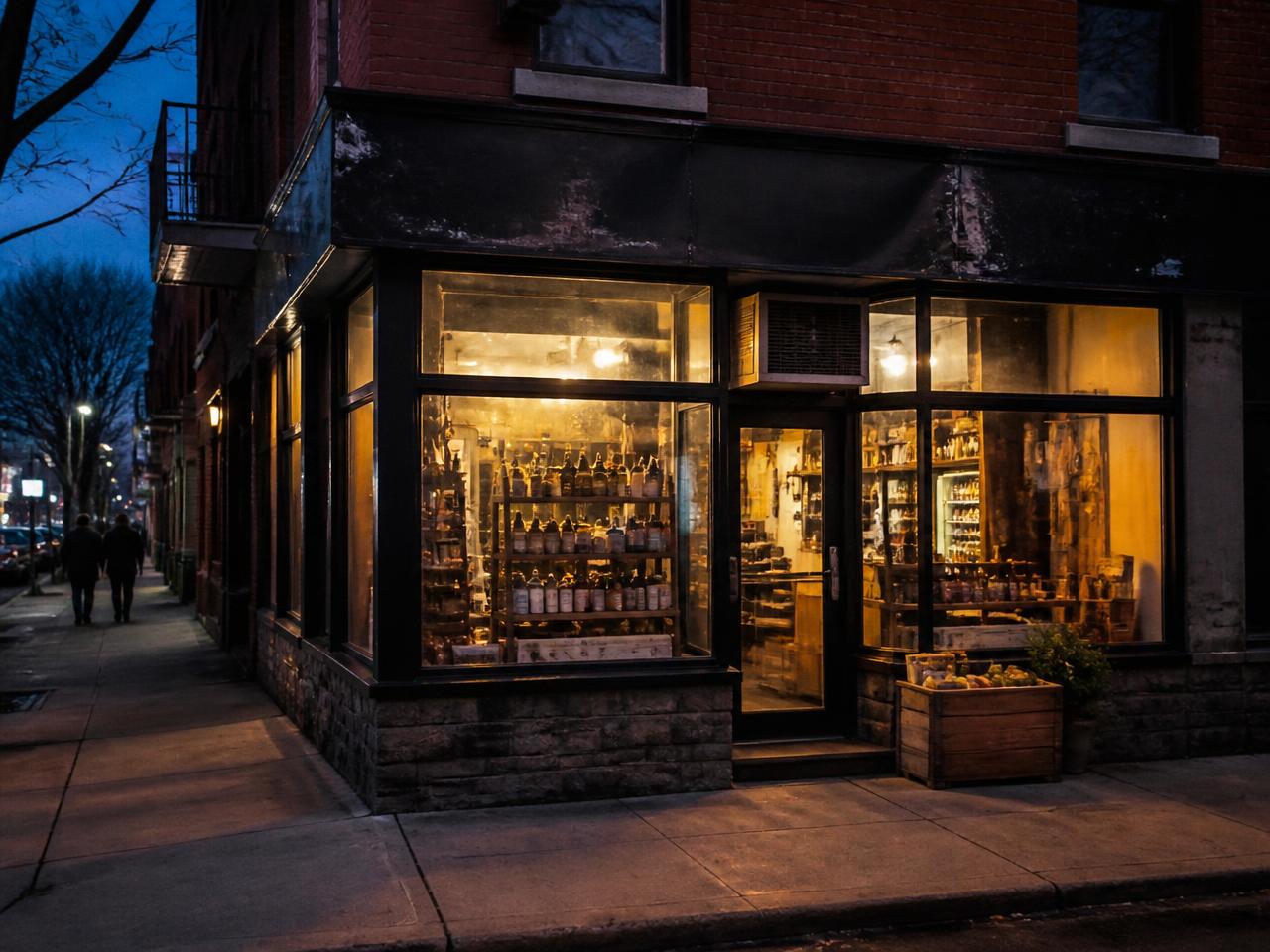 Devanture éclairée de la boutique sur une rue de Montréal à l'heure bleue
