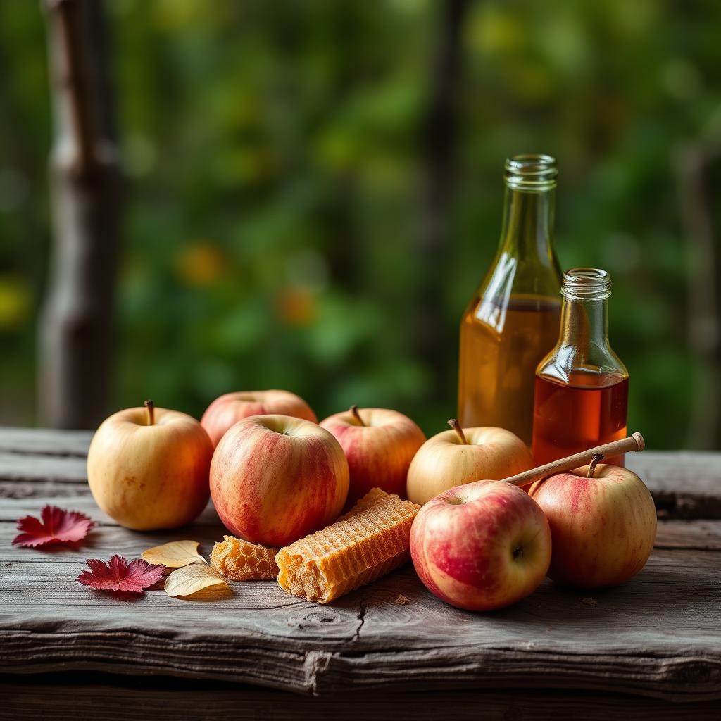 Pommes, rayon de miel et bouteilles ambrées sur une table de bois