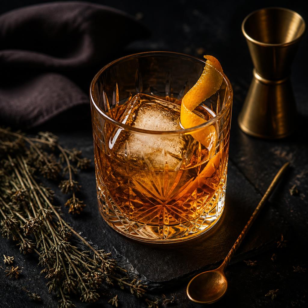 Cocktail ambré sur ardoise avec jigger et cuillère de bar