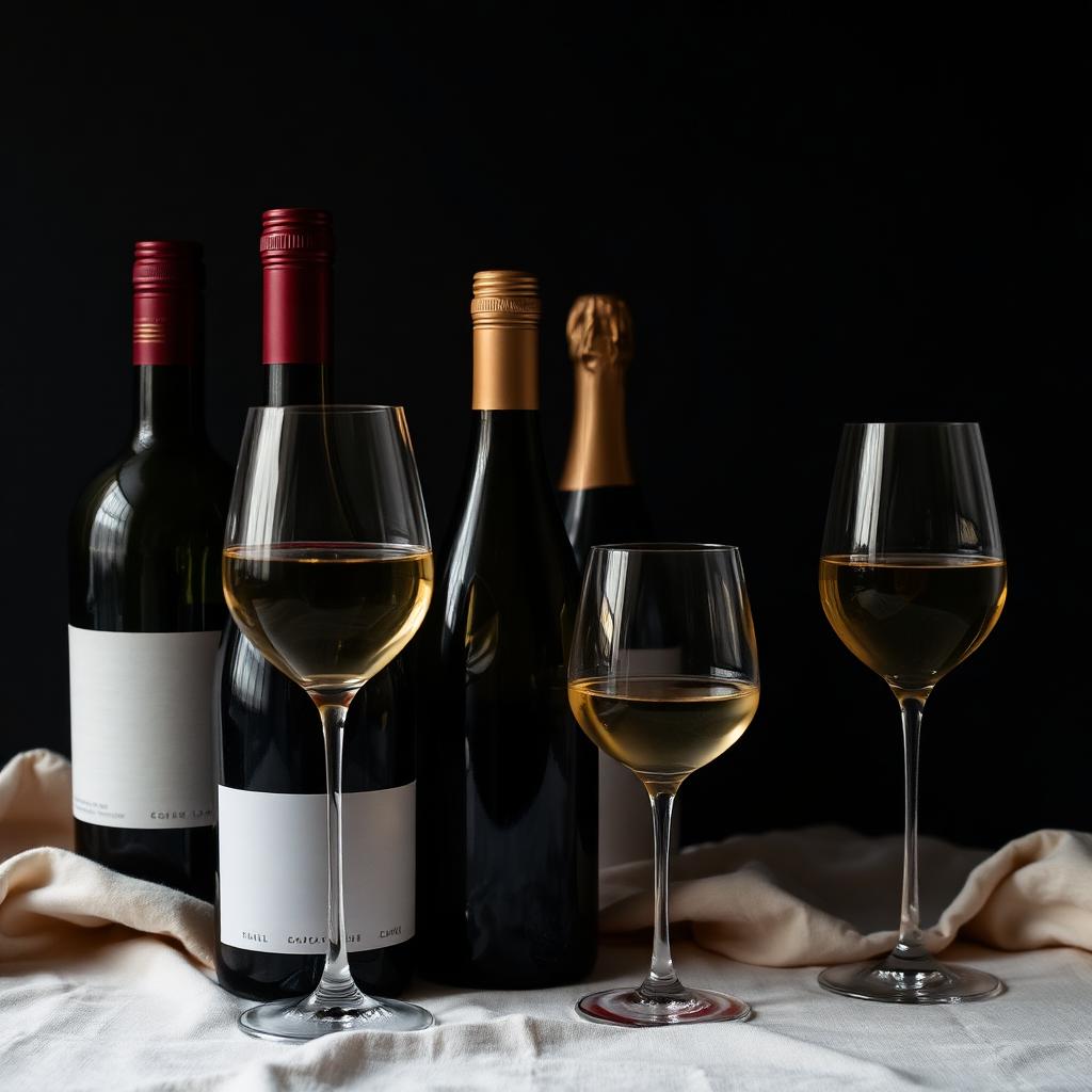 Bouteilles de vin québécois et verres servis sur une nappe de lin