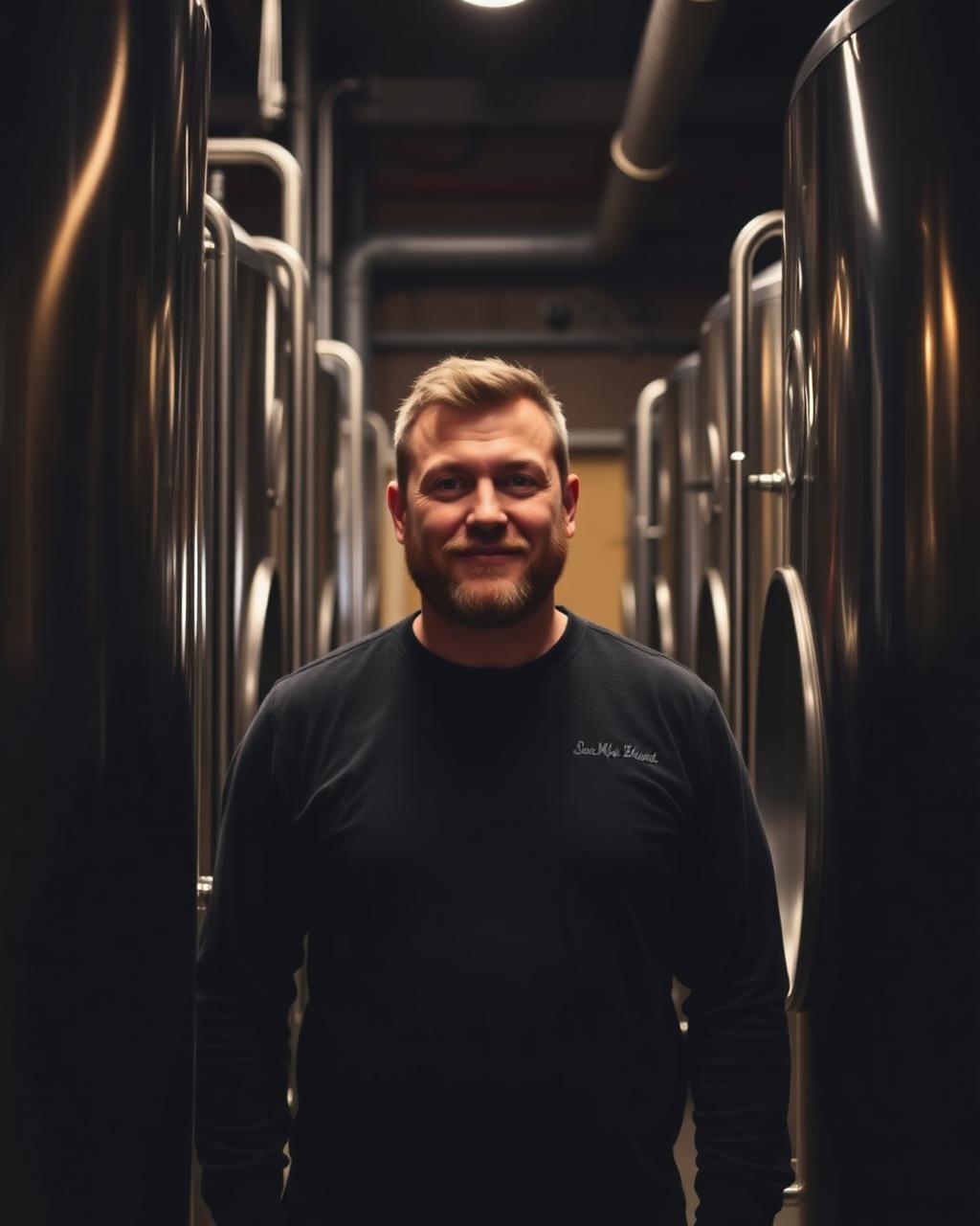 Artisan brasseur debout entre les cuves d'une microbrasserie