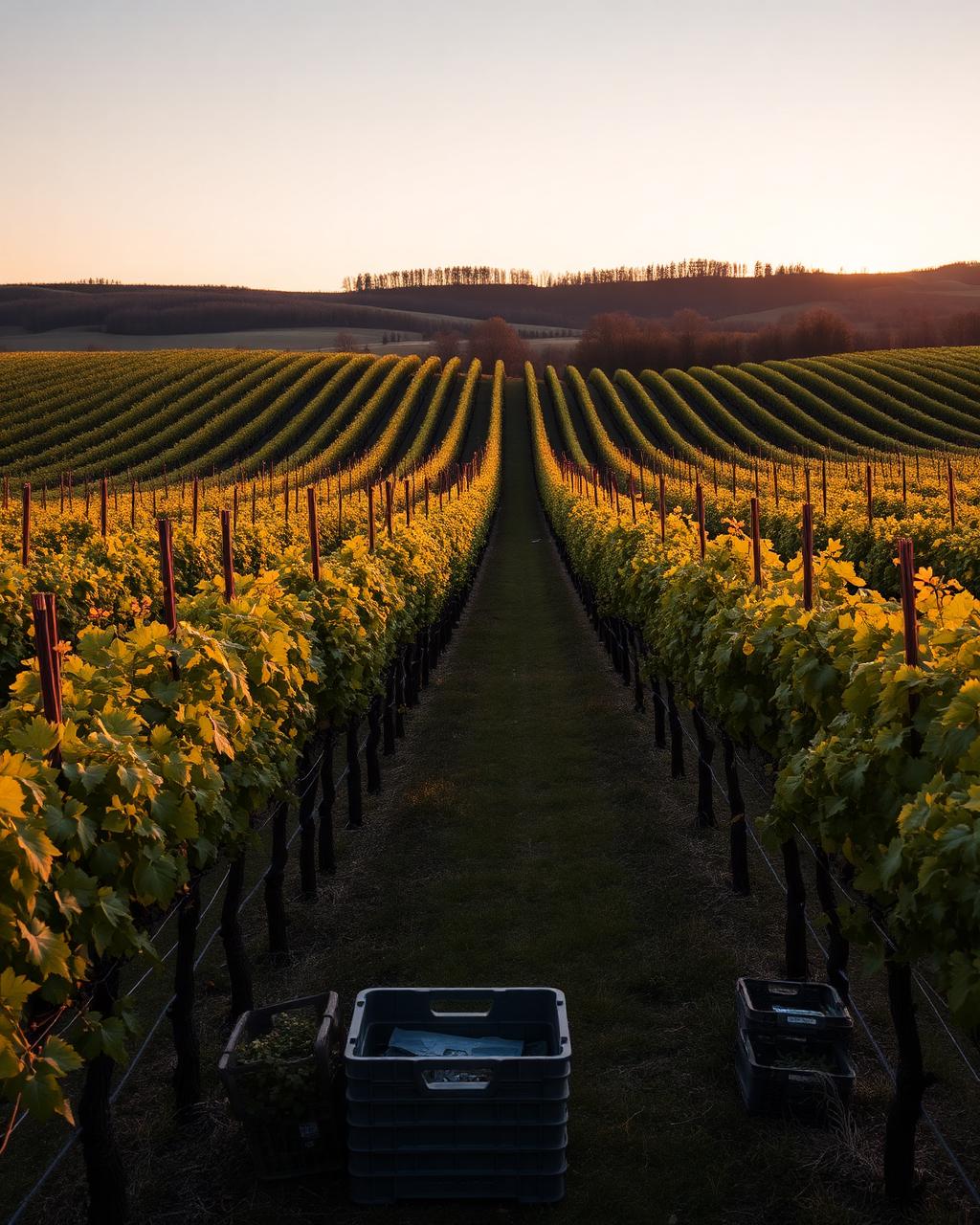 Rangs de vignes d'un vignoble québécois à l'heure dorée